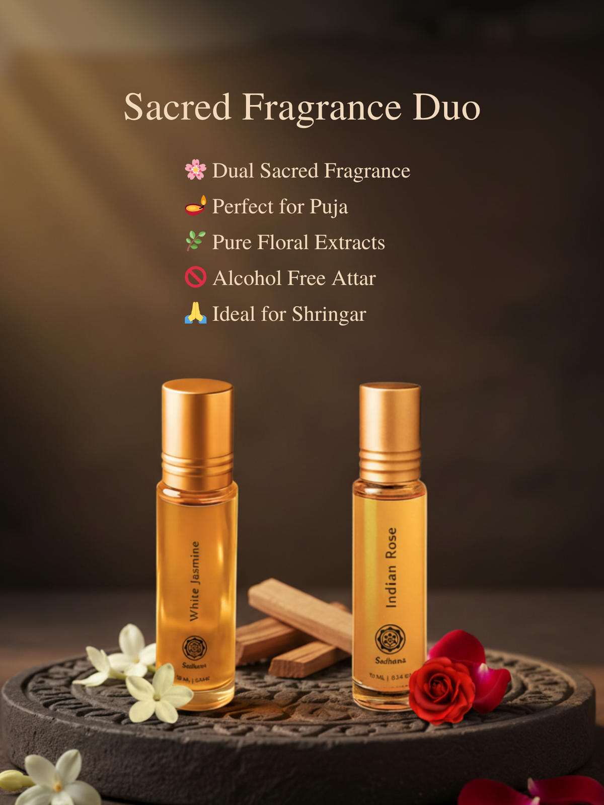 Sugandhim Divine Duo – White Jasmine & Rose Attar Combo for Puja (2 x 10ml)
